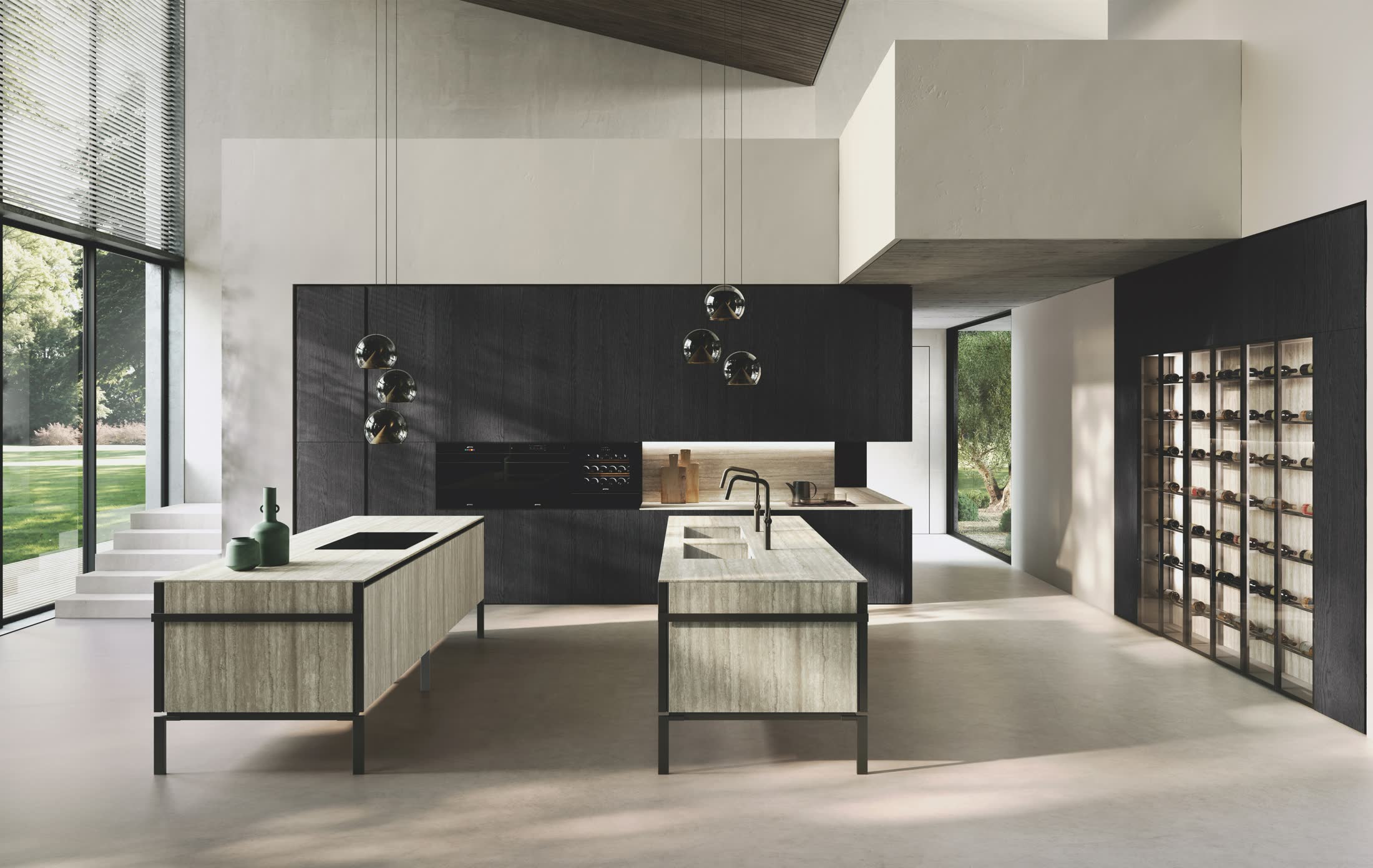 Binova LAB GRÈS — Italian kitchen with stone-effect surfaces and integrated steel detailing